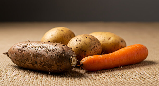 A small group of root vegetables, including potatoes, a sweet potato, and a carrot, arranged on a rustic jute fabric surface. - Powered by Adobe