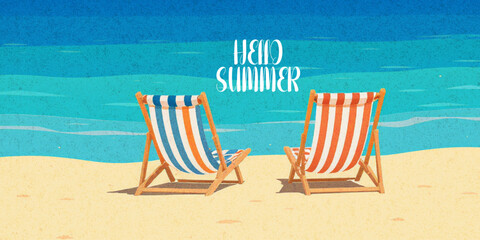 Abstract summer minimal horizontal poster, cover, banner, card with bright sea, blue sky and striped beach chairs. Summer holidays, journey, vacation travel illustration.