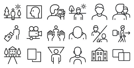 Outline icons set for photography and videography – camera, film, media symbols