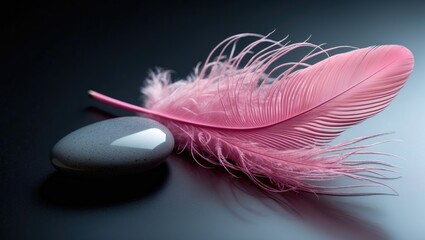 A pink feather and a gray stone on a dark surface with soft lighting.