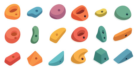 Climbing holds 3d icons set – solid, filled, bouldering and mountain gear symbols