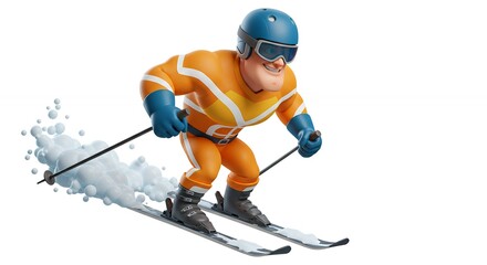 Cartoon figure skiing on white background