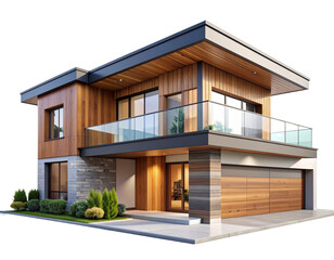  Luxury Two-Story Villa with Balcony and Garage – Architectural 3D Model Isolated on transparent.