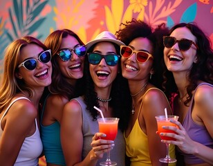 Joyful group of diverse young women celebrating with colorful cocktails at a vibrant party