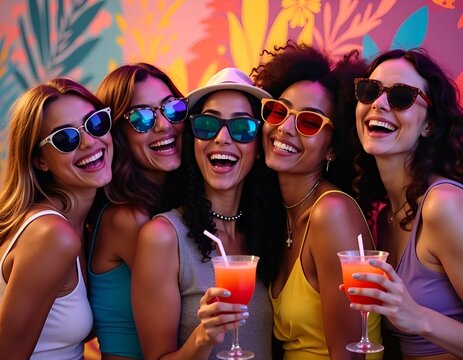 Joyful group of diverse young women celebrating with colorful cocktails at a vibrant party