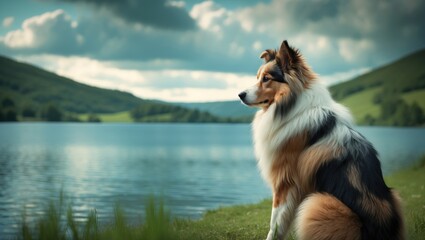 Dog by lake with mountains in background, nature scene, peaceful environment, animals and nature, outdoor landscape.