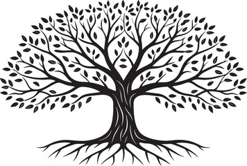 Obraz premium Black silhouette of a mature tree with roots and leaves