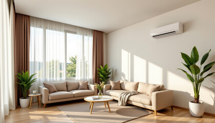 Fototapeta premium Modern living room with advanced temperature conditioning unit home interior wall design cozy environment