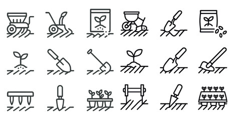 Gardening and farming icons set – line, outline, planting and cultivation symbols