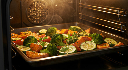 A sheet pan filled with chopped vegetables, including broccoli, zucchini, and sweet potatoes, roasting inside a hot oven, with steam rising from the pan.
