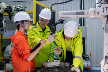 Team of engineers collaborating on robotic technology in a modern manufacturing facility