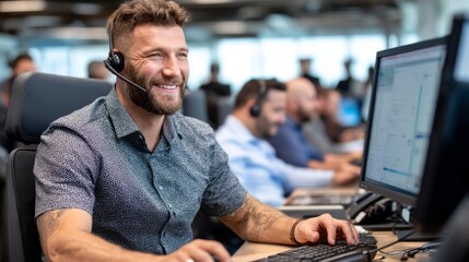 A man wearing a headset is smiling while working on a computer