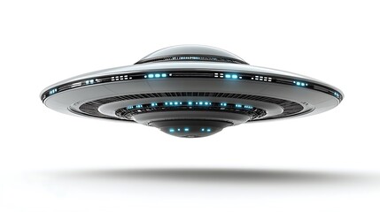 Futuristic flying saucer craft against a white background.