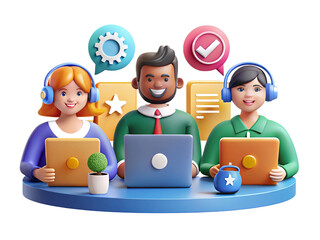 Diverse team of customer service representatives working together with headsets and laptops on a blue platform isolated on transparent background