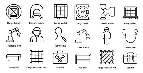 Industrial equipment line icons set &ndash; outline, machinery, automation tools symbols