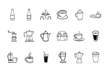 Collection coffee drink icons with bottles cafe table beverage
