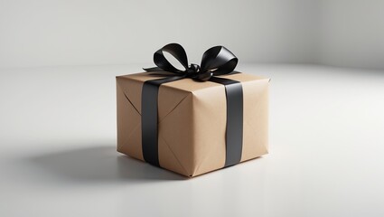 A wrapped gift box with a black ribbon and bow on a plain white surface.