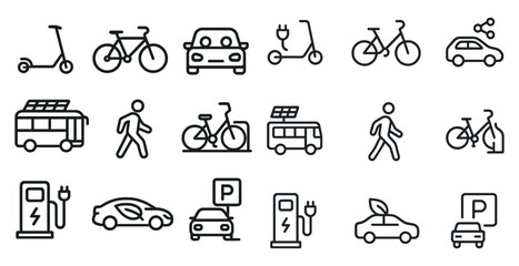 Eco-friendly transportation icons set – outline, line, green mobility symbols