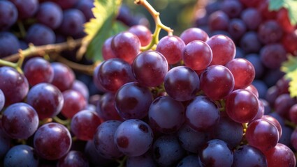 Fototapeta premium Clusters of red and purple grapes hanging from vine, ripe and ready for harvest. Fruit and agriculture, food. Nature and harvest. The concept of fresh fruit and viticulture.