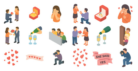 Fototapeta premium Engagement and proposal isometric icons set – romantic, love, marriage symbols