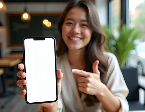 Smiling woman holding a smartphone with a blank white screen and pointing at it