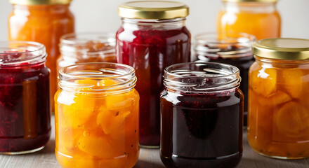 A rustic collection of glass jars filled with homemade fruit jams and preserves in vibrant red, purple, and orange colors, suggesting a delicious assortment.