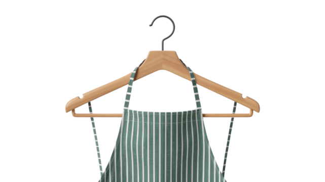 Striped Apron Hanging on Wooden Hanger