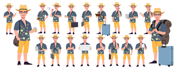 Traveler character model sheet, Character poses, expressions, Walk cycle, Run cycle animated character sequences.