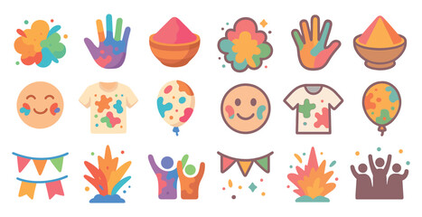 Fototapeta premium Holi festival flat icons set – colorful, celebration, cultural symbols