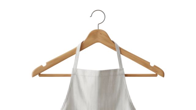 Striped Apron Hanging on Wooden Clothes Hanger, Minimalist Kitchen Style