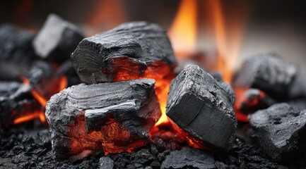 Close-up of glowing charcoal briquettes