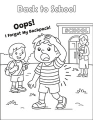 Funny back to school scene with a kid forgetting his backpack. Great for classroom coloring and storytelling. Cute vector illustration for kids.