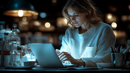 A woman sits at a table, working late on a laptop.