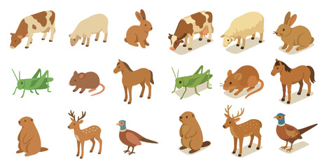 Fototapeta premium Farm and wildlife isometric icons set – pixel art, farm animals, nature collection