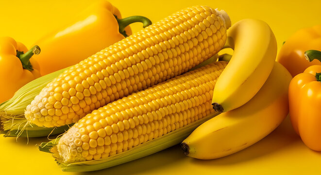 A vibrant close-up of yellow bell peppers, corn on the cob, and bananas, showcasing fresh, colorful produce against a monochromatic yellow background - Powered by Adobe