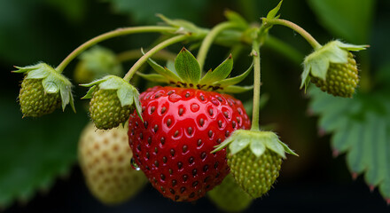 A close-up shows a vibrant red strawberry ripening on the vine, surrounded by smaller, green, immature strawberries and leaves in a garden.
