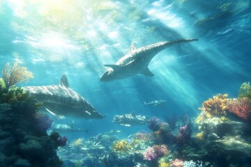 Fototapeta premium Prehistoric marine dinosaurs swimming in vibrant coral reef underwater scene