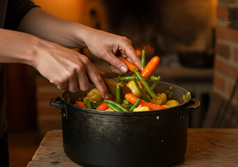 A close-up of hands stirring a vibrant mix of carrots, green beans, and potatoes in a large cast iron pot in a rustic kitchen setting, preparing a healthy meal.