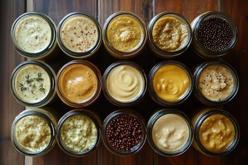 An assortment of specialty mustards, including spicy brown mustard, honey mustard, and Dijon, displayed in jars