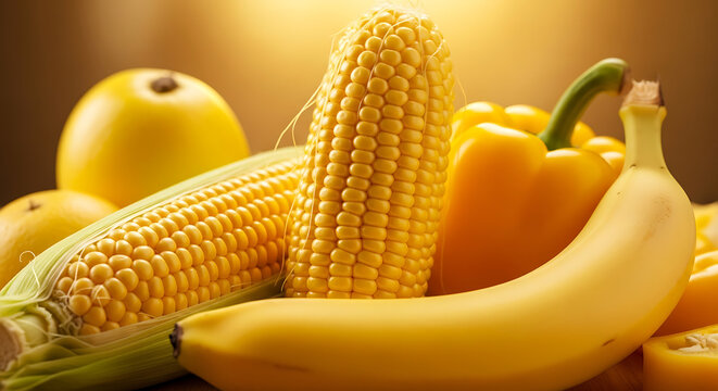 A vibrant close-up of yellow bell peppers, corn on the cob, and bananas, showcasing fresh, colorful produce under warm, natural light.
