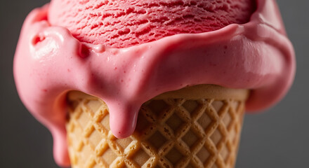 A close-up of a scoop of vibrant pink ice cream melting down the sides of a crisp waffle cone, set against a dark background.