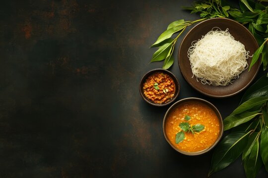 Traditional sri lankan breakfast with string hoppers and curry