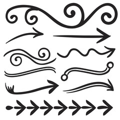 Collection of Hand Drawn Black Arrows and Swirls on White Background curve line 1