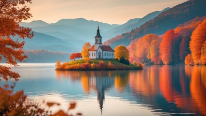 Fototapeta premium Autumn landscape with a church on an island in a lake, surrounded by colorful fall trees and mountain scenery.