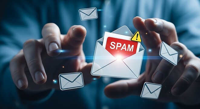 Spam email concept shows a hand reaching for an inbox containing dangerous junk mail and unsolicited messages.