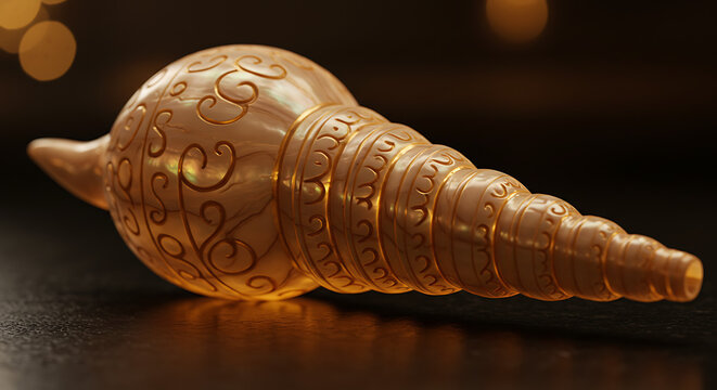 A close-up showcases a detailed, ornate shankha conch shell with swirling patterns, illuminated by warm light against a dark, bokeh-lit background
