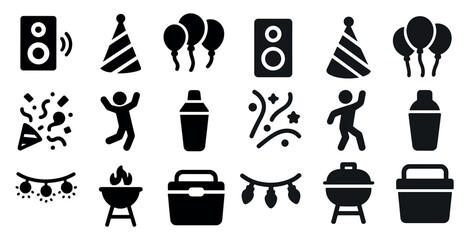 Party and celebration icons set – solid, filled, event and festive symbols