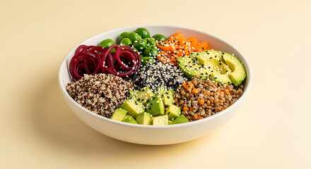 A vibrant and nutritious grain bowl featuring sections of quinoa, black rice, lentils, shredded carrots, edamame, spiralized beets, and avocado, sprinkled with sesame seeds in a white bowl