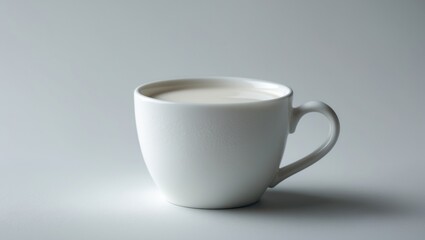 Fototapeta premium Plain white cup filled with milk on a light background.