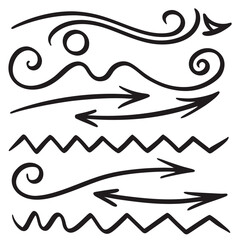 Collection of hand drawn black arrows and wavy lines on white background vector 1